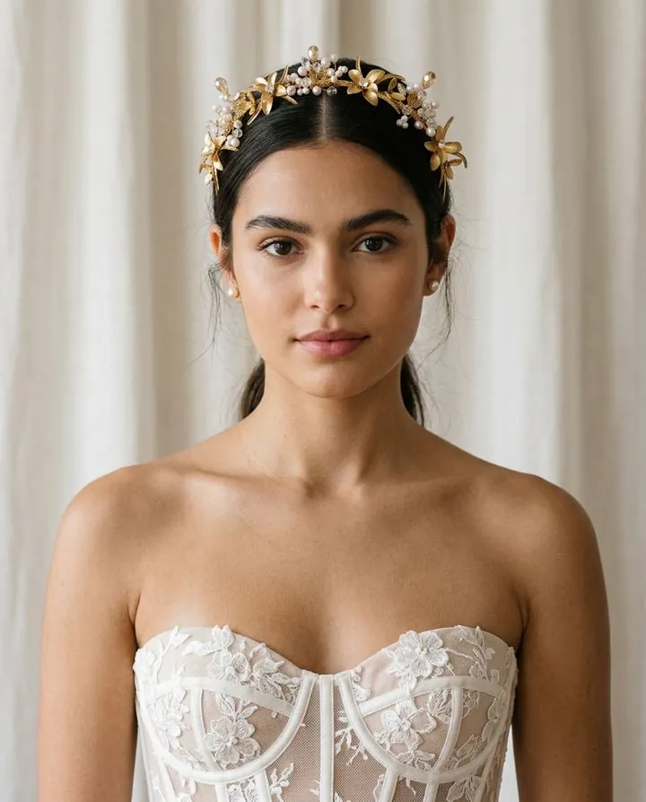 Bride in a strapless lace corset wearing a gold floral bridal crown